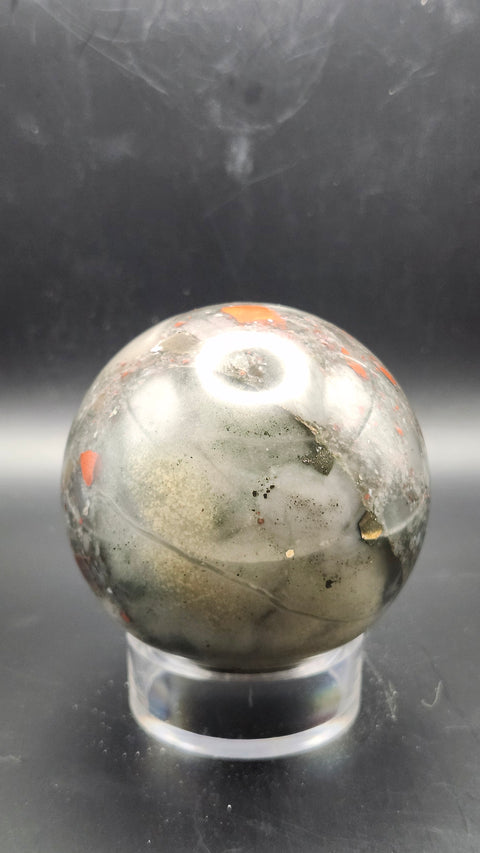 African bloodstone sphere. 66.5mm, 2.62 inches, 15.2 ounces