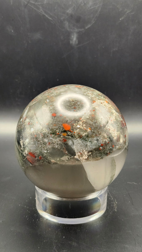 African bloodstone sphere. 66.5mm, 2.62 inches, 15.2 ounces