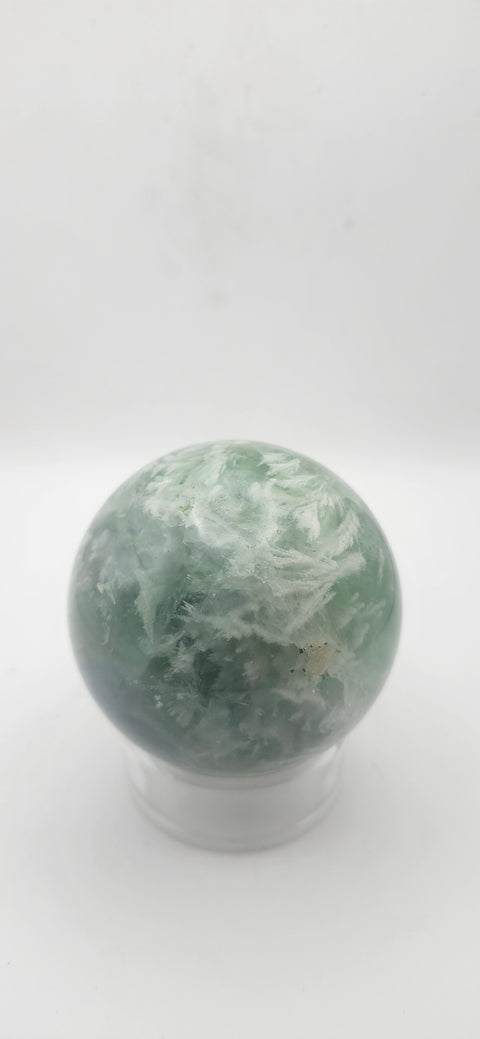 Snowflake florite sphere. 59.6mm, 2.34 inches, 12.4 ounces