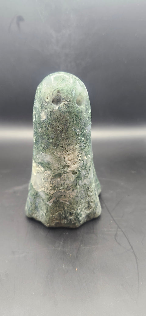 Moss agate tower. 13.5 ounces, 4 inches tall