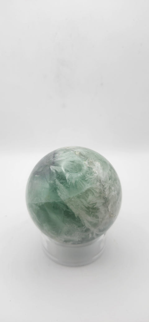Snowflake florite sphere. 59.6mm, 2.34 inches, 12.4 ounces