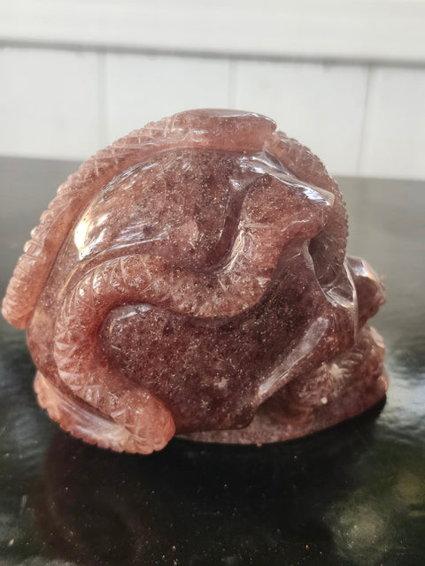 Strawberry quartz skull & snake! 1.6 pounds, 3.9 inches long, 3.3 tall, 2.7 wide