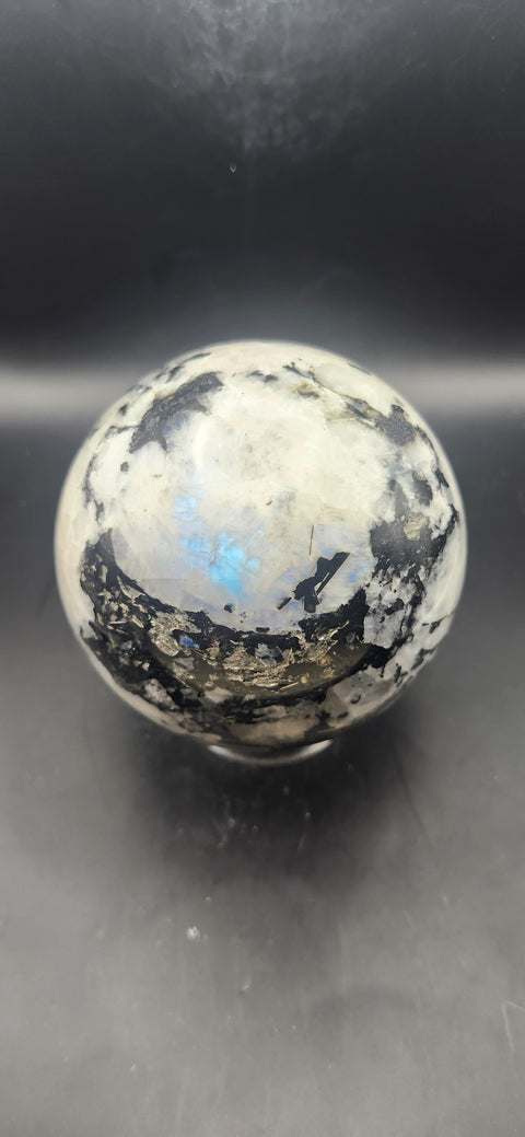 Rainbow moonstone sphere! 87.8mm, 3.45 inches, 2.2 pounds