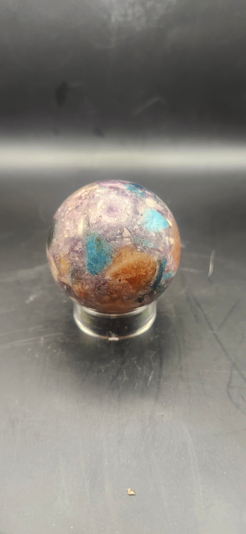 Blue apatite, lepidolite, Sunstone sphere. 45.9mm, 1.81 inches, 4.1 ounces!