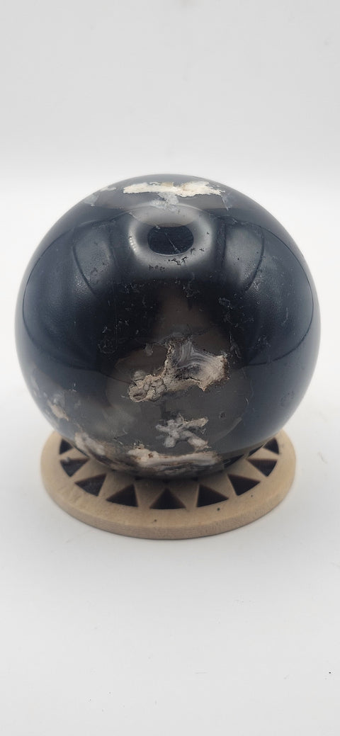 Black agate sphere. 55.6mm, 2.18 inches, 8.3 ounces!