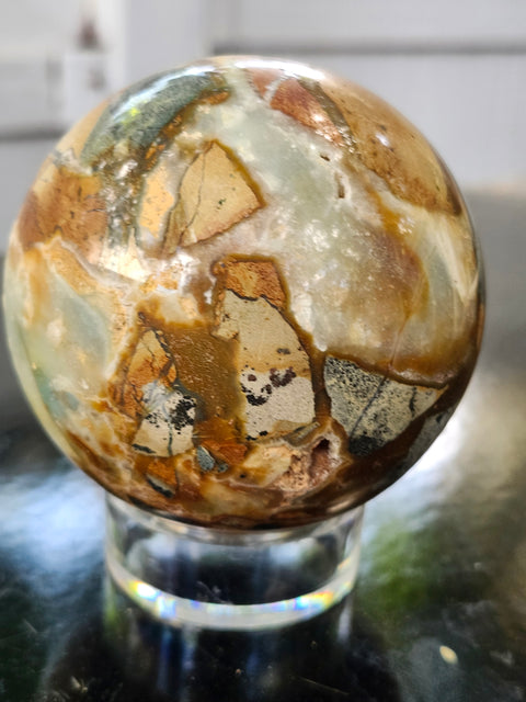 Blue and brown calcite sphere! 73mm, 2.88 inches, 1.3 pounds