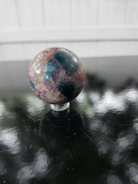 4 to 5 ounce Blue apatite, lepidolite, Sunstone sphere 56.2 mm, 2.21 inches