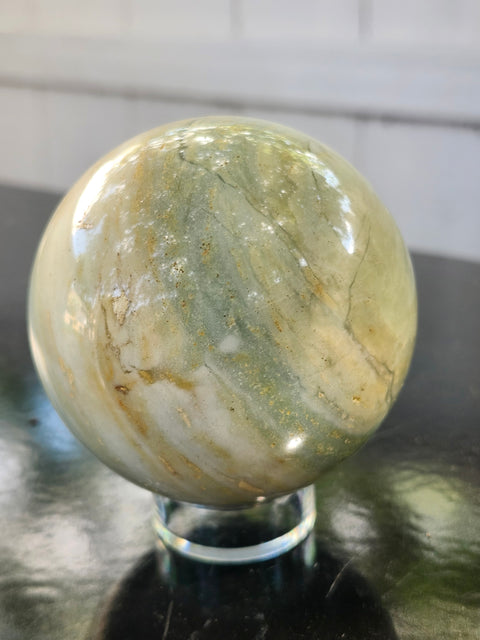 Blue and white striped calcite sphere! 67mm. 2.66 inches, 15 ounces