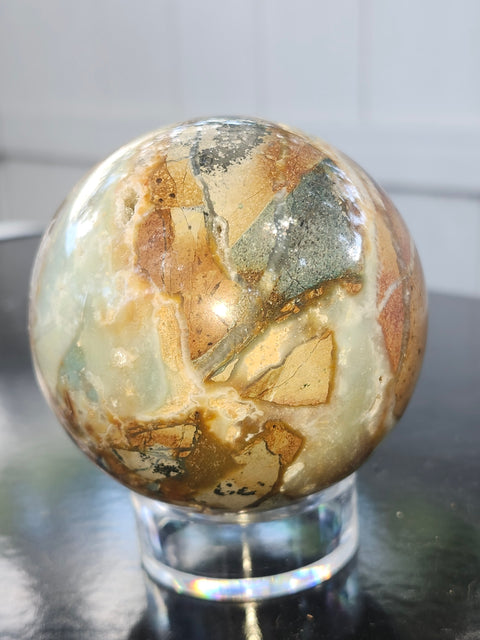 Blue and brown calcite sphere! 73mm, 2.88 inches, 1.3 pounds