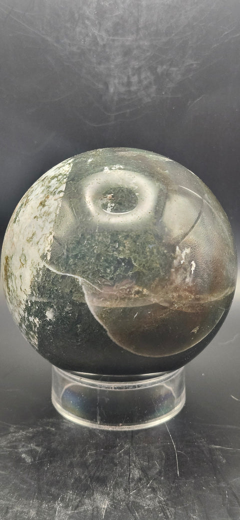 Moss agate sphere. 74.3mm, 2.92 inches, 1.4 pounds!