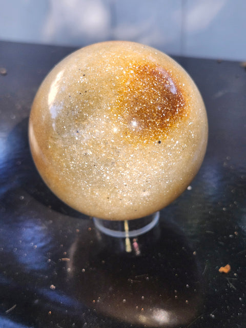 Green and gold aventurine sphere with silver flash 1.4 pounds, 74mm