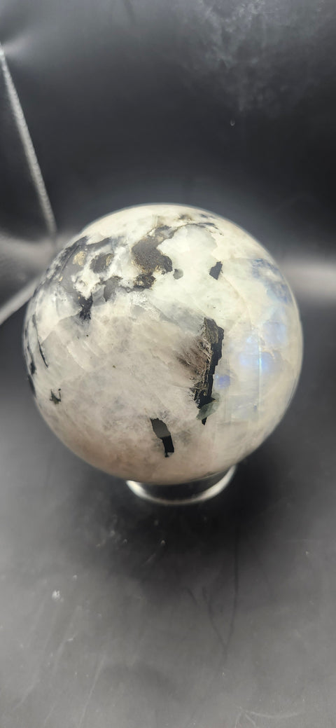 Rainbow moonstone sphere! 87.8mm, 3.45 inches, 2.2 pounds