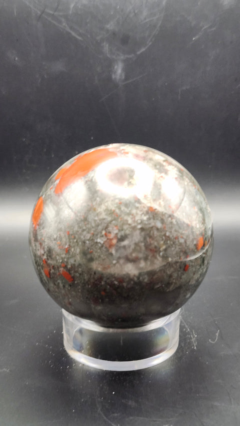 African bloodstone sphere. 66.5mm, 2.62 inches, 15.2 ounces