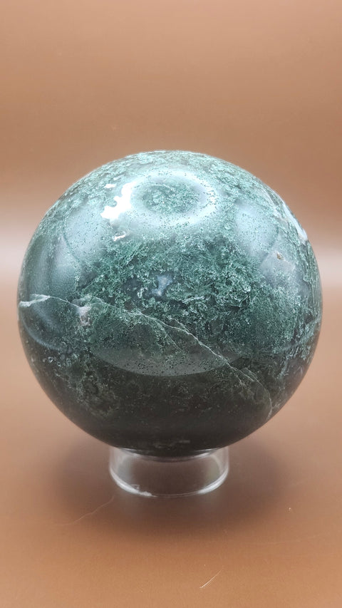 Moss agate sphere. 75mm, 2.96 inches, 1.4 pounds!