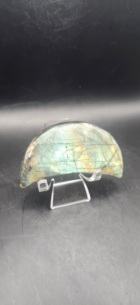 High shine labradorite moon! 3.2 ounces, 2.9 inches tall, 1.3 wide
