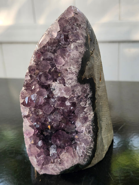 Amethyst cut base free form! 1.12 pounds, 4.9 inches tall, 2.8 wide