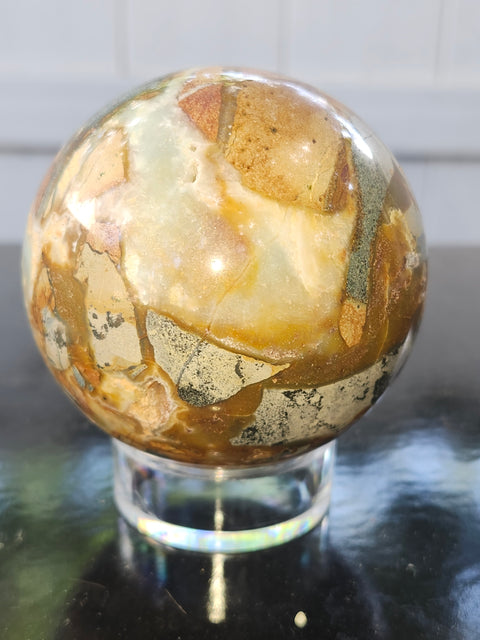 Blue and brown calcite sphere! 73mm, 2.88 inches, 1.3 pounds