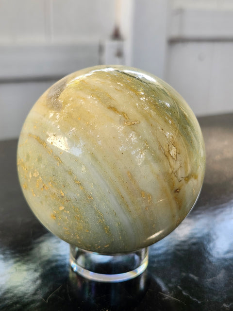 Blue and white striped calcite sphere! 67mm. 2.66 inches, 15 ounces