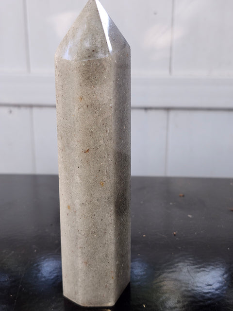 Green aventurine tower with silver flash! 12.8 ounces, 6.5 inches