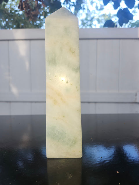 Blue and white striped calcite tower! 1.3 pounds, 7 inches