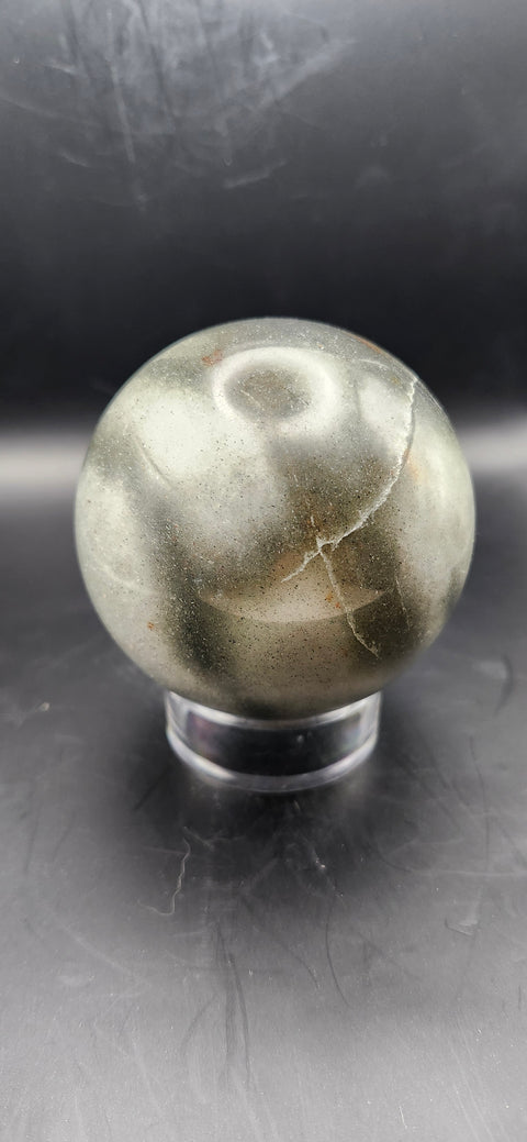 Green,gray aventurine sphere, 72.3mm, 2.84 inches, 1.2 pounds. Sparkles!!