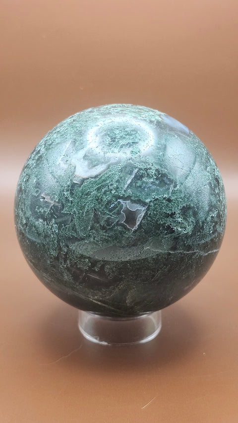 Moss agate sphere. 75mm, 2.96 inches, 1.4 pounds!