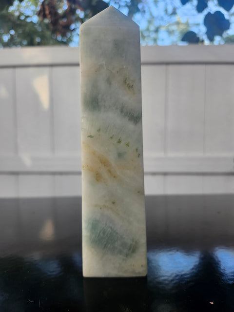 Blue and white striped calcite tower! 1.3 pounds, 7 inches
