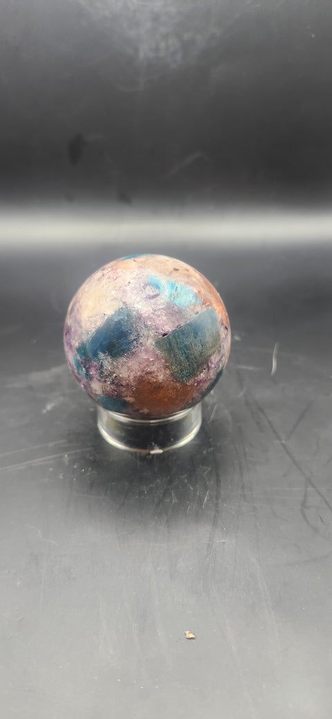 Blue apatite, lepidolite, Sunstone sphere. 45.9mm, 1.81 inches, 4.1 ounces!
