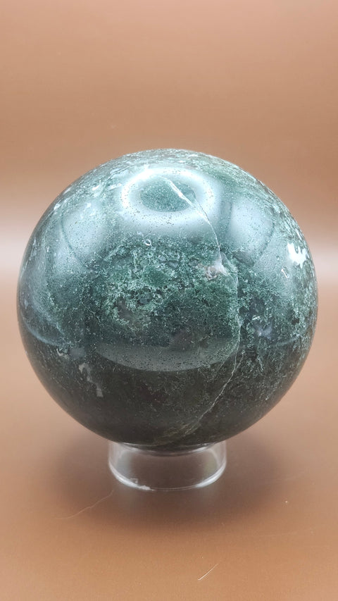 Moss agate sphere. 75mm, 2.96 inches, 1.4 pounds!
