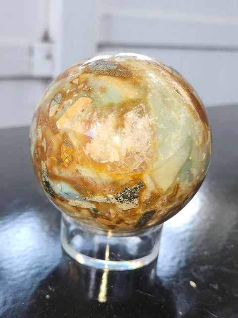Blue and brown calcite sphere! 73mm, 2.88 inches, 1.3 pounds