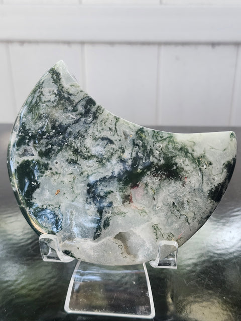 Druzy moss agate moon! 9.6 ounces, 4 inches
