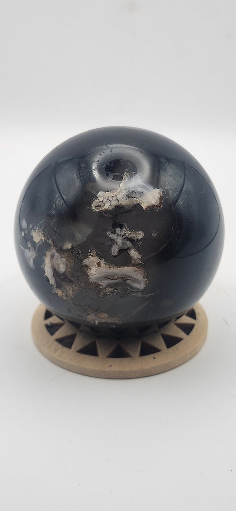 Black agate sphere. 55.6mm, 2.18 inches, 8.3 ounces!