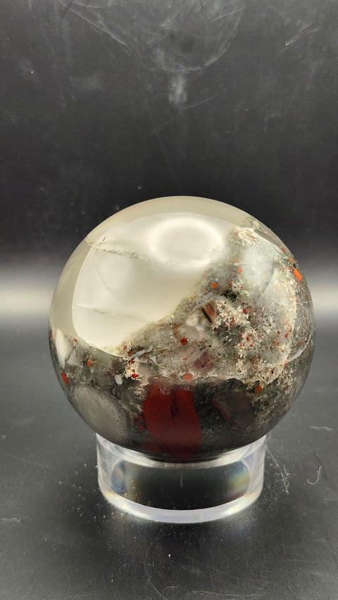 African bloodstone sphere. 66.5mm, 2.62 inches, 15.2 ounces