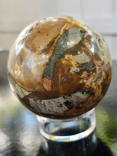 Blue and brown calcite sphere! 73mm, 2.88 inches, 1.3 pounds
