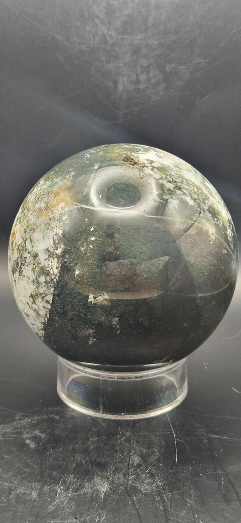 Moss agate sphere. 74.3mm, 2.92 inches, 1.4 pounds!