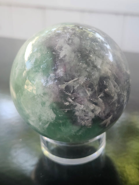 Snowflake florite sphere! 72mm, 2.85 inches, 1.7 pounds