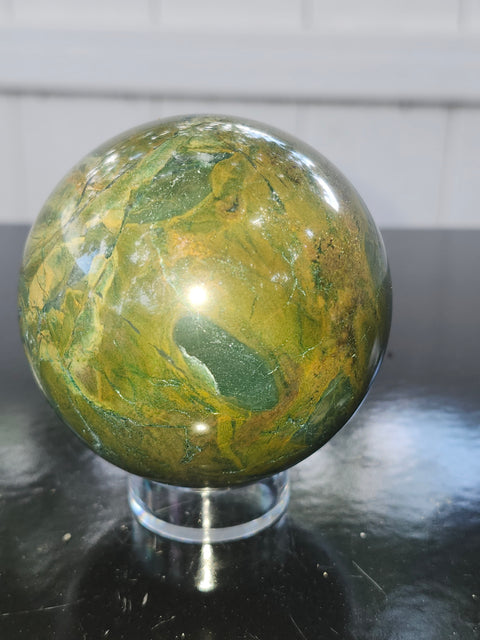 Green jasper sphere! 15.3 ounces, 66mm, 2.6 inches