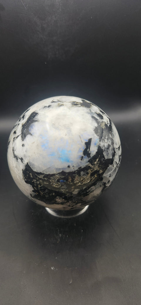 Rainbow moonstone sphere! 87.8mm, 3.45 inches, 2.2 pounds