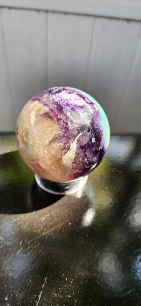 Blue,purple, clear florite sphere. 67.8mm, 2.67 inches, 1.2 pounds