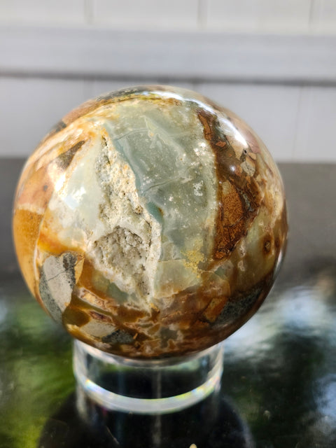 Blue and brown calcite sphere! 73mm, 2.88 inches, 1.3 pounds