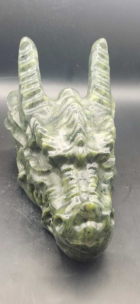Nephrite dragon skull! 1.10 pounds, 4.5 inchs head, 6 inches nose to horn