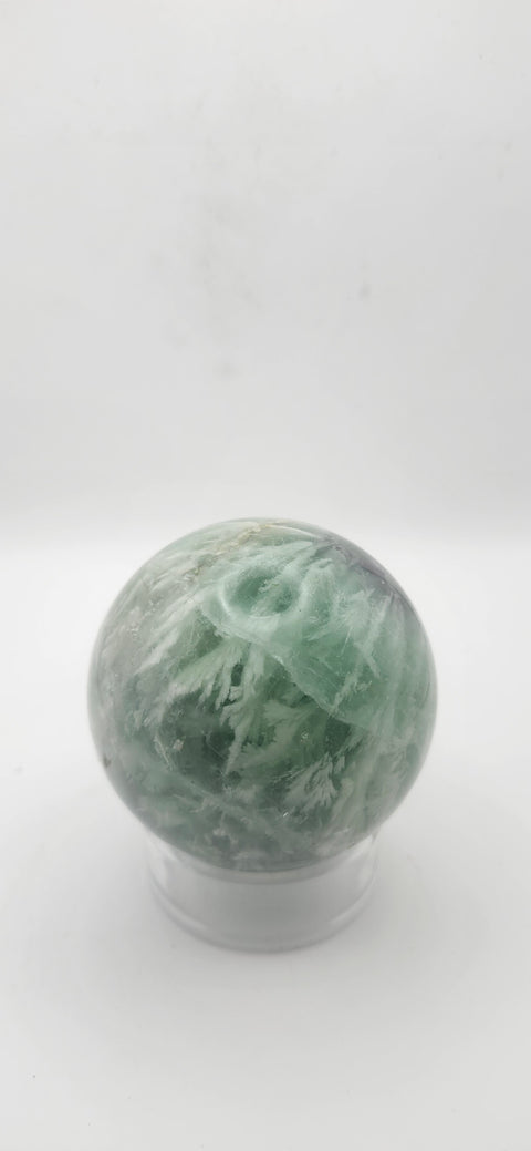 Snowflake florite sphere. 59.6mm, 2.34 inches, 12.4 ounces
