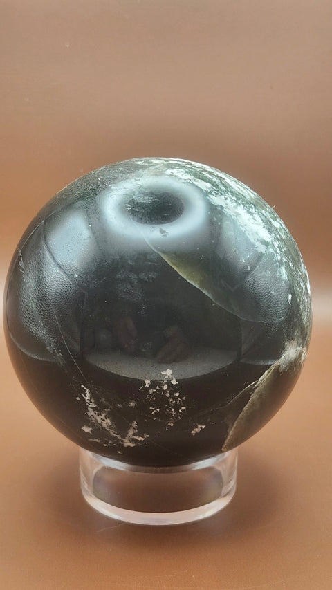 Moss agate sphere. 81.4mm,.3.20 inches, 1.9 inches