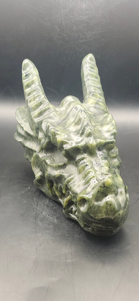 Nephrite dragon skull! 1.10 pounds, 4.5 inchs head, 6 inches nose to horn