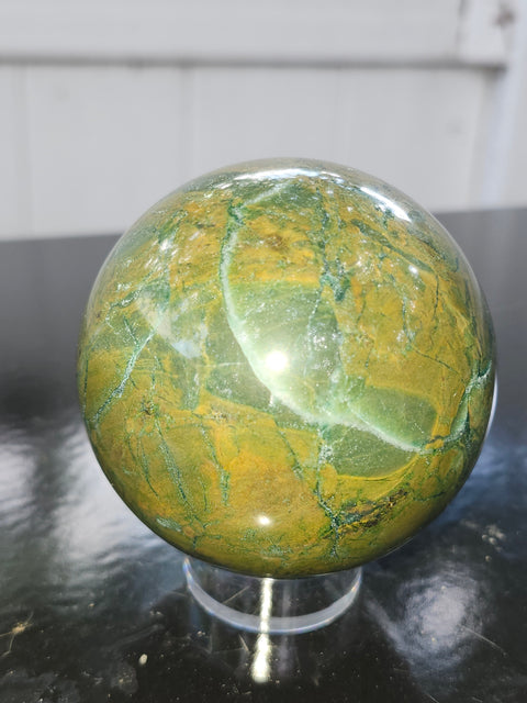 Green jasper sphere! 15.3 ounces, 66mm, 2.6 inches
