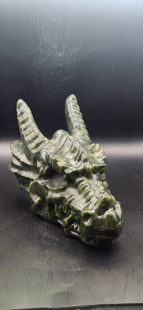 Nephrite dragon skull! 1.10 pounds, 4.5 inchs head, 6 inches nose to horn