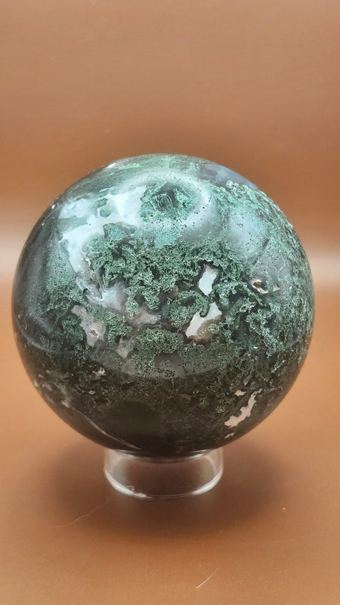 Moss agate sphere. 75mm, 2.96 inches, 1.4 pounds!