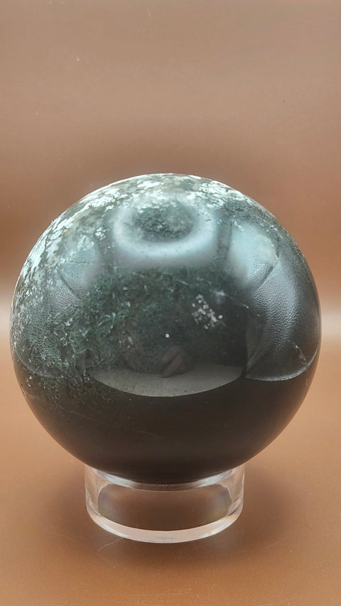 Moss agate sphere. 81.4mm,.3.20 inches, 1.9 inches