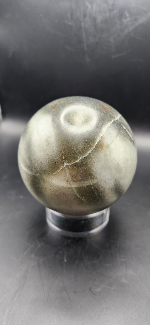 Green,gray aventurine sphere, 72.3mm, 2.84 inches, 1.2 pounds. Sparkles!!