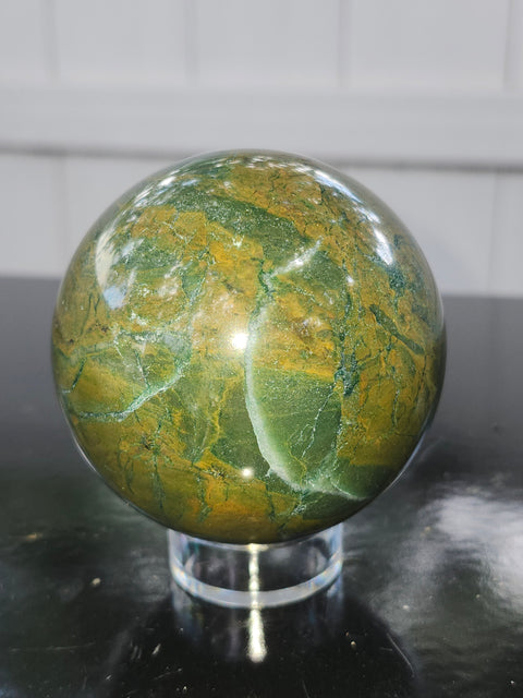 Green jasper sphere! 15.3 ounces, 66mm, 2.6 inches